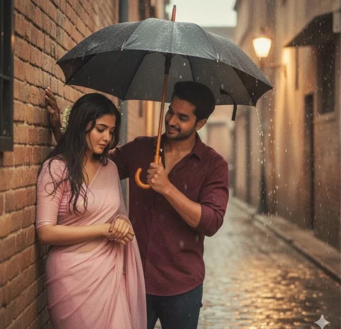 Retro Bollywood Rain Romance – Cinematic Love Under the Umbrella